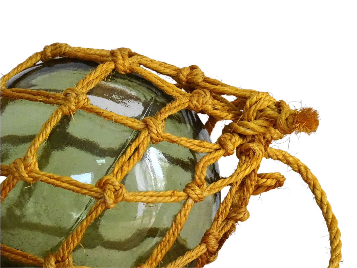 French vintage glass buoy in green glass, handblown glass float with yellow rope