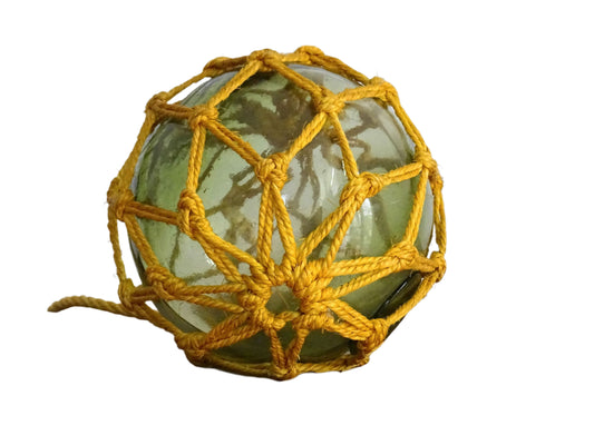 French vintage glass buoy in green glass, handblown glass float with yellow rope