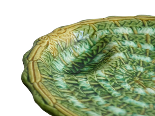 French antique majolica plate for artichokes with basketweave design in blue and green. Antique barbotine pottery plate.