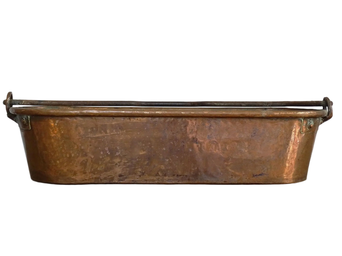 French Antique Copper Fish Pan or Poissonnière with Wrought Iron Handle and brass fittings, Fish Kettle or Fish Poacher