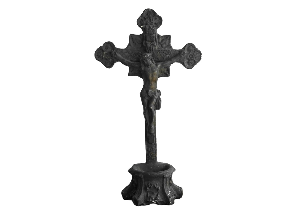 French antique benitier cross in plaster. Altar crucifix or altar cross with the basin (benitier) at the base.