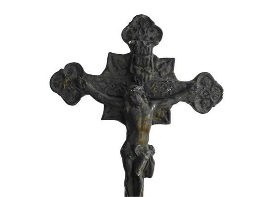 French antique benitier cross in plaster. Altar crucifix or altar cross with the basin (benitier) at the base.