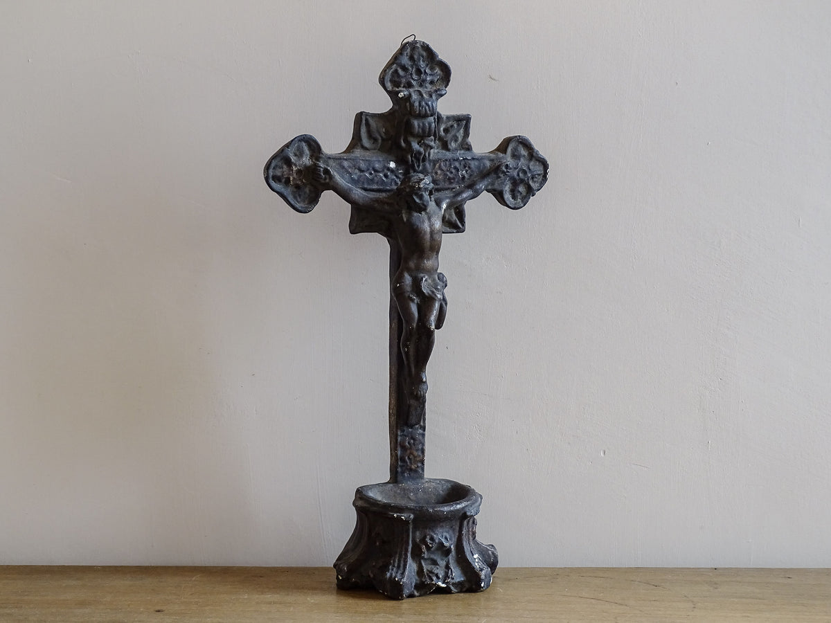 French antique benitier cross in plaster. Altar crucifix or altar cross with the basin (benitier) at the base.