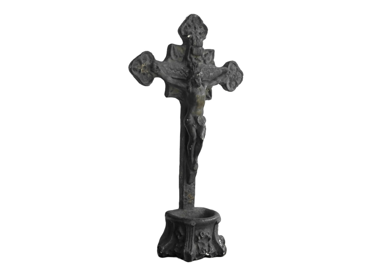 French antique benitier cross in plaster. Altar crucifix or altar cross with the basin (benitier) at the base.