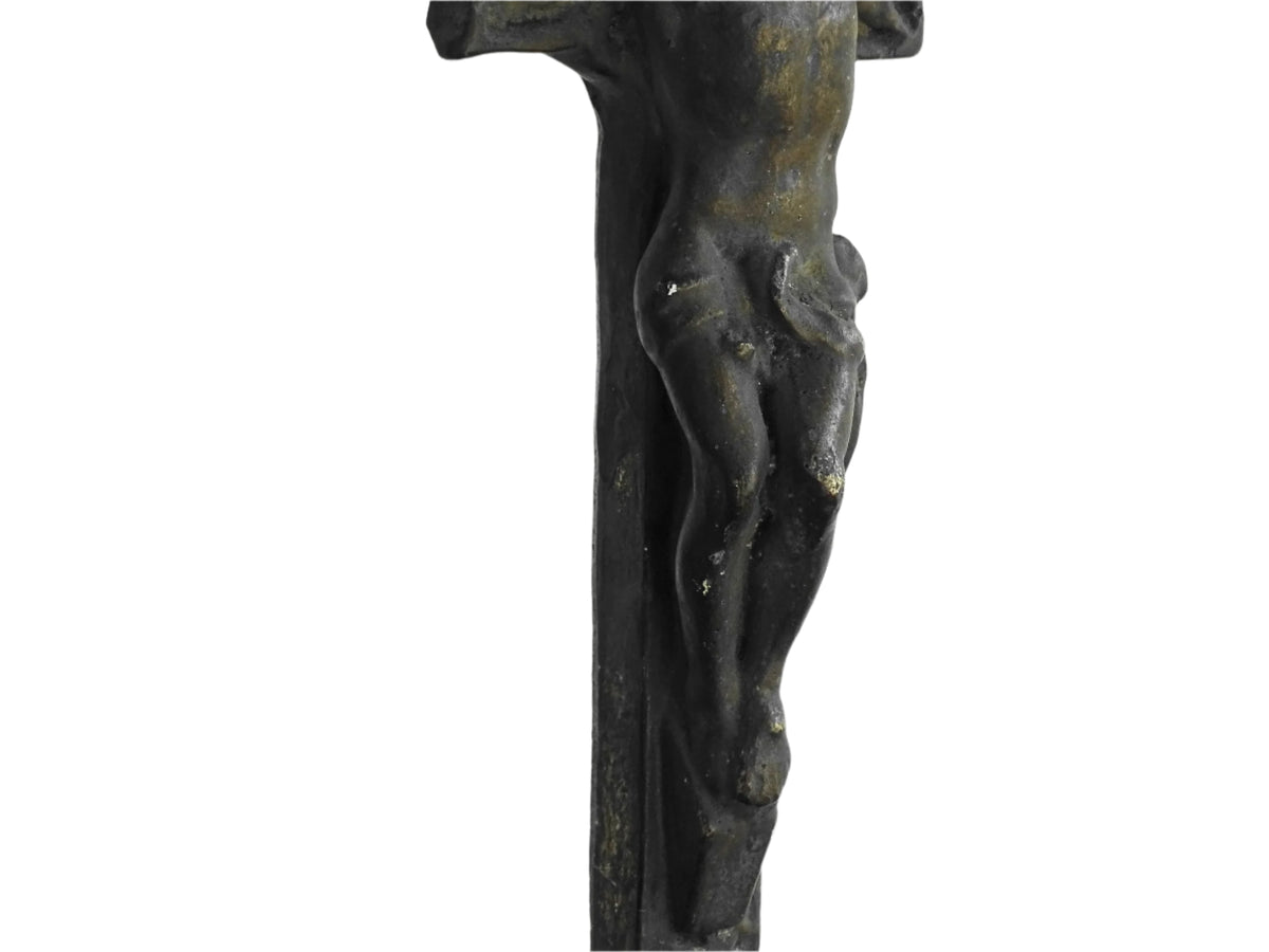 French antique benitier cross in plaster. Altar crucifix or altar cross with the basin (benitier) at the base.