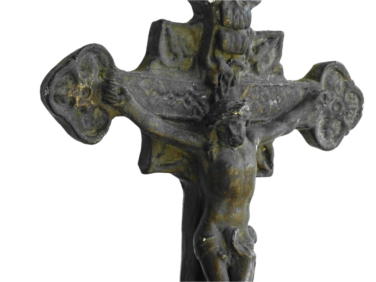 French antique benitier cross in plaster. Altar crucifix or altar cross with the basin (benitier) at the base.