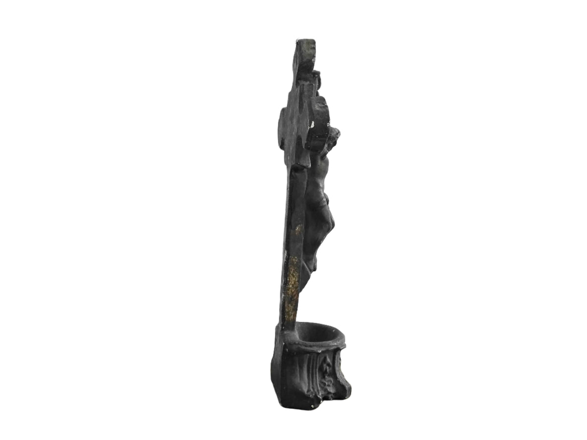 French antique benitier cross in plaster. Altar crucifix or altar cross with the basin (benitier) at the base.