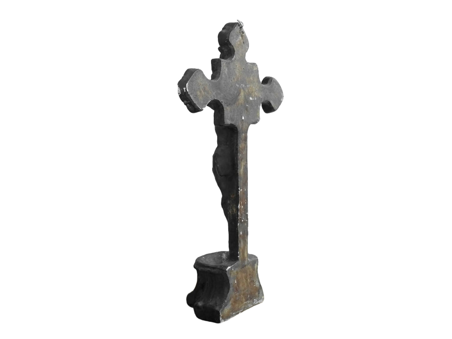 French antique benitier cross in plaster. Altar crucifix or altar cross with the basin (benitier) at the base.