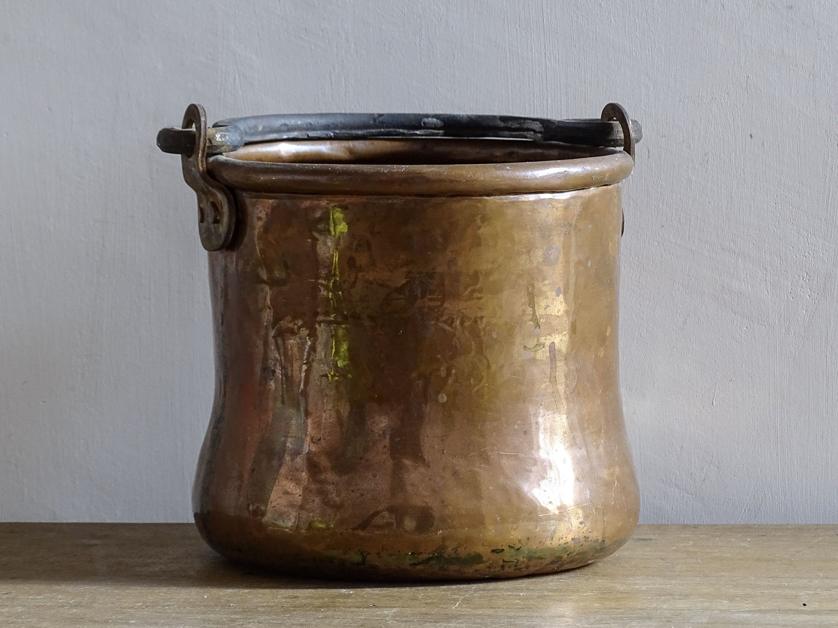 Small Antique Copper Cauldron or Cooking Pot with Wrought Iron Handle