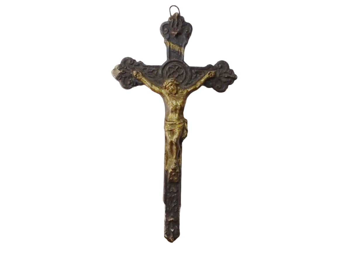 Antique French Crucifix in Wood and Plaster Painted Gold