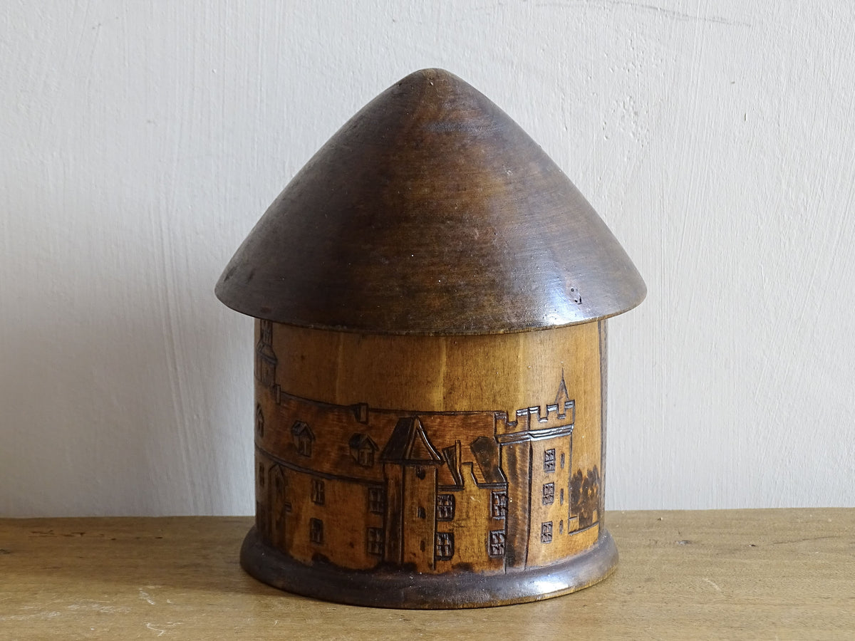 Small French vintage wooden pot, turned wood trinket box for a souvenir.
