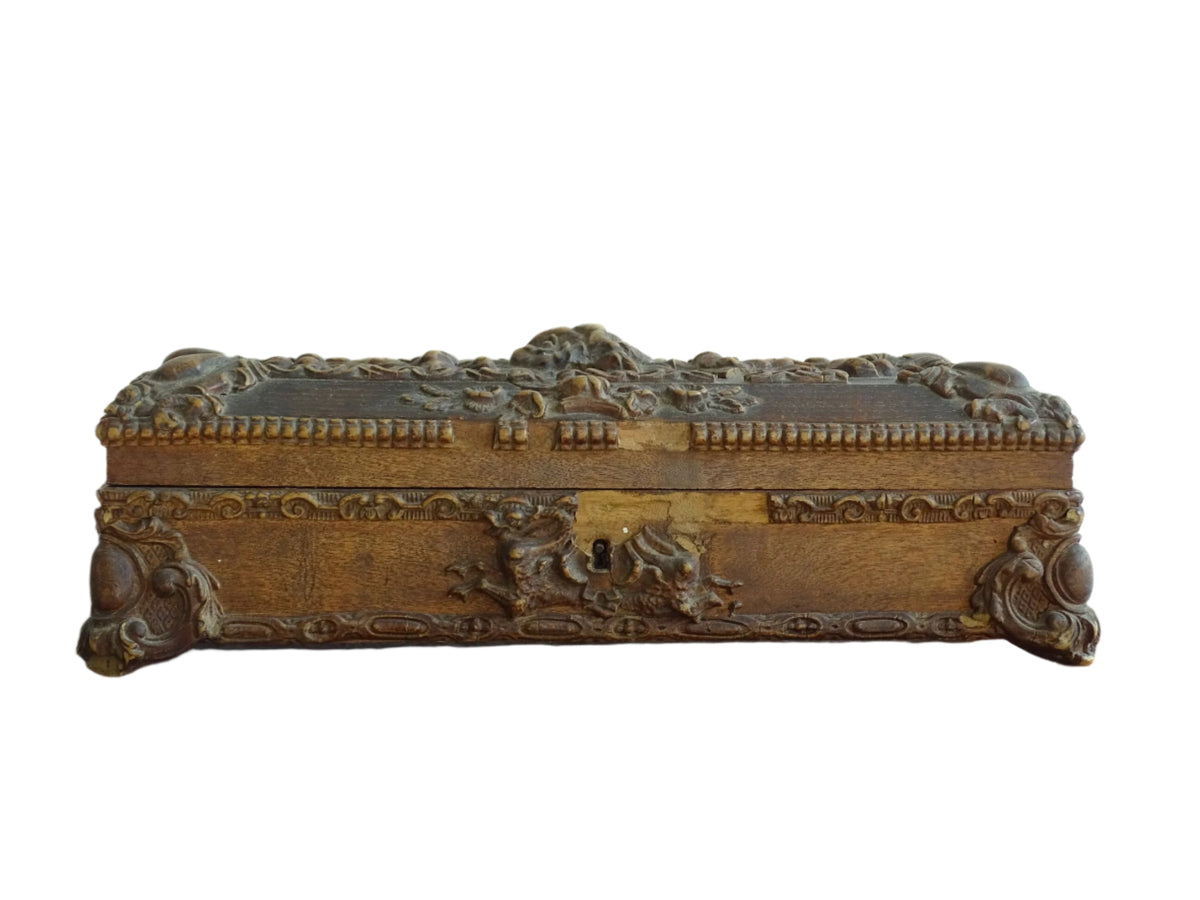 French antique glove box. Wooden box with intricate carvings timeworn patina for antique bedroom decor