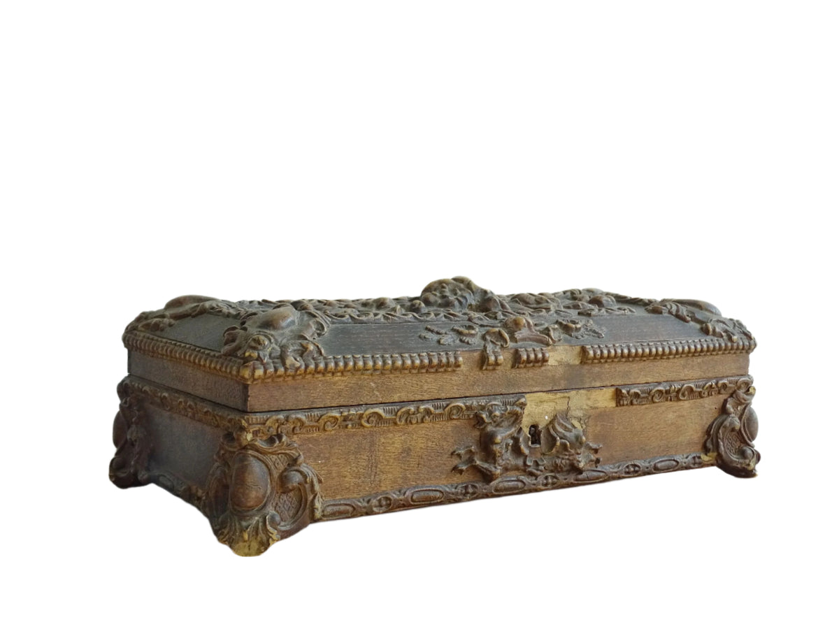 French antique glove box. Wooden box with intricate carvings timeworn patina for antique bedroom decor