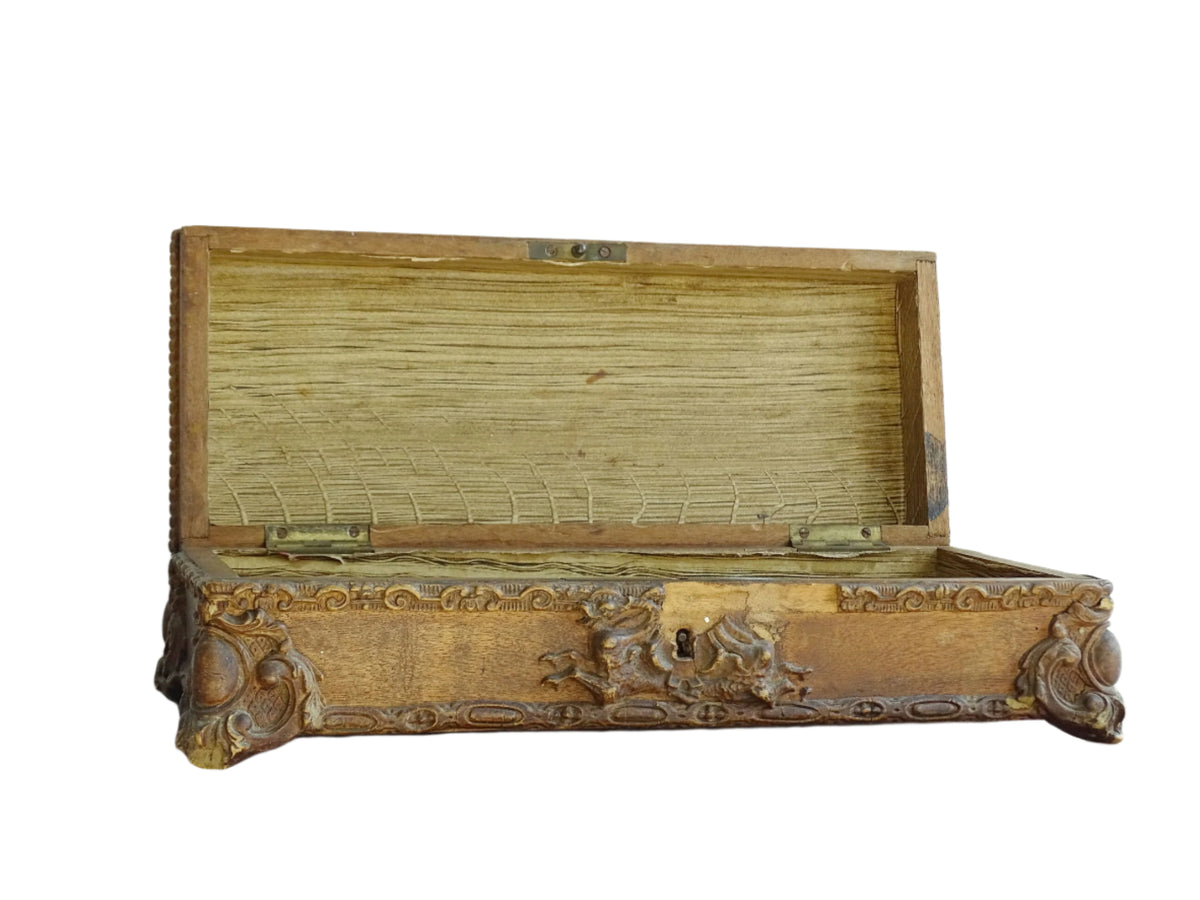 French antique glove box. Wooden box with intricate carvings timeworn patina for antique bedroom decor