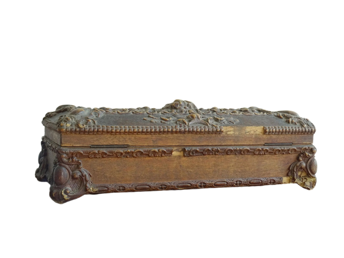 French antique glove box. Wooden box with intricate carvings timeworn patina for antique bedroom decor