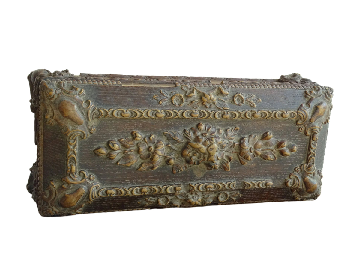 French antique glove box. Wooden box with intricate carvings timeworn patina for antique bedroom decor