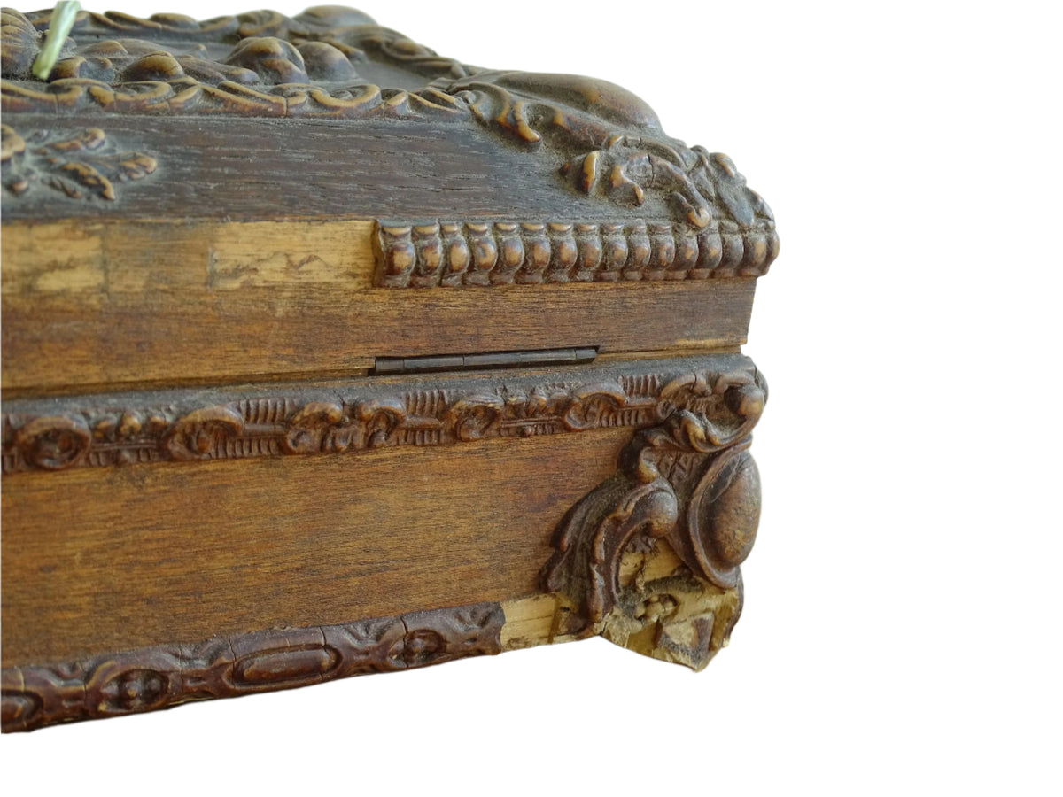 French antique glove box. Wooden box with intricate carvings timeworn patina for antique bedroom decor
