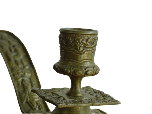 French antique brass candle holder or chamberstick with handle.
