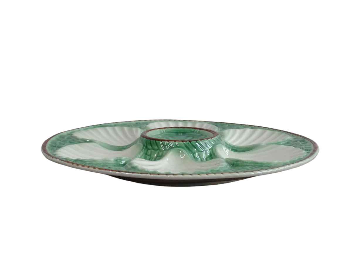 French Barbotine Oyster Plate or Majolica Plate with Green Basketweave Design and Brown Edge
