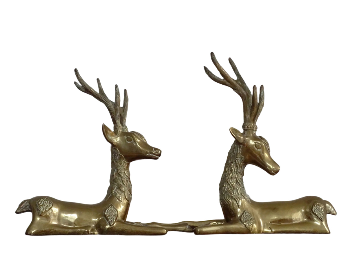 Pair of vintage brass deer figurines. Brass deer ornaments with nice detailing for vintage table decor.