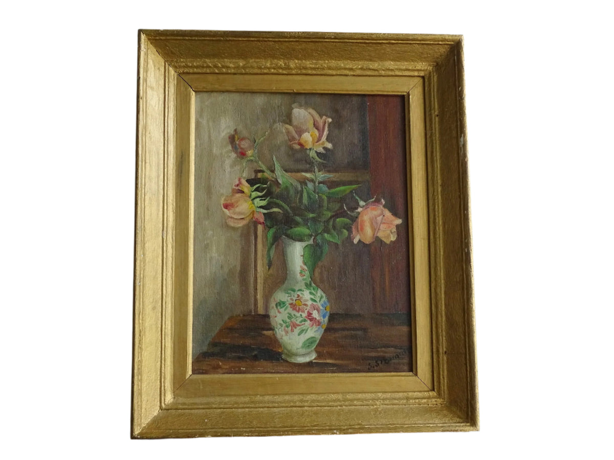 French antique still life oil painting in gold frame from the early twentieth century, S. Signorel