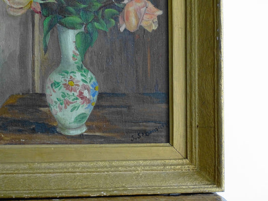 French antique still life oil painting in gold frame from the early twentieth century, S. Signorel