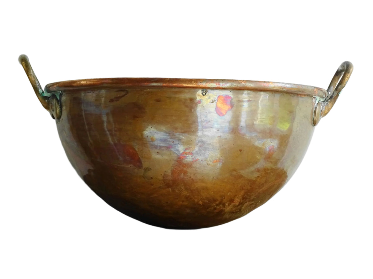 French antique copper bowl for confectioners with brass handles. Cul de poule with curved base (meringue bowl). French country farmhouse aesthetic.