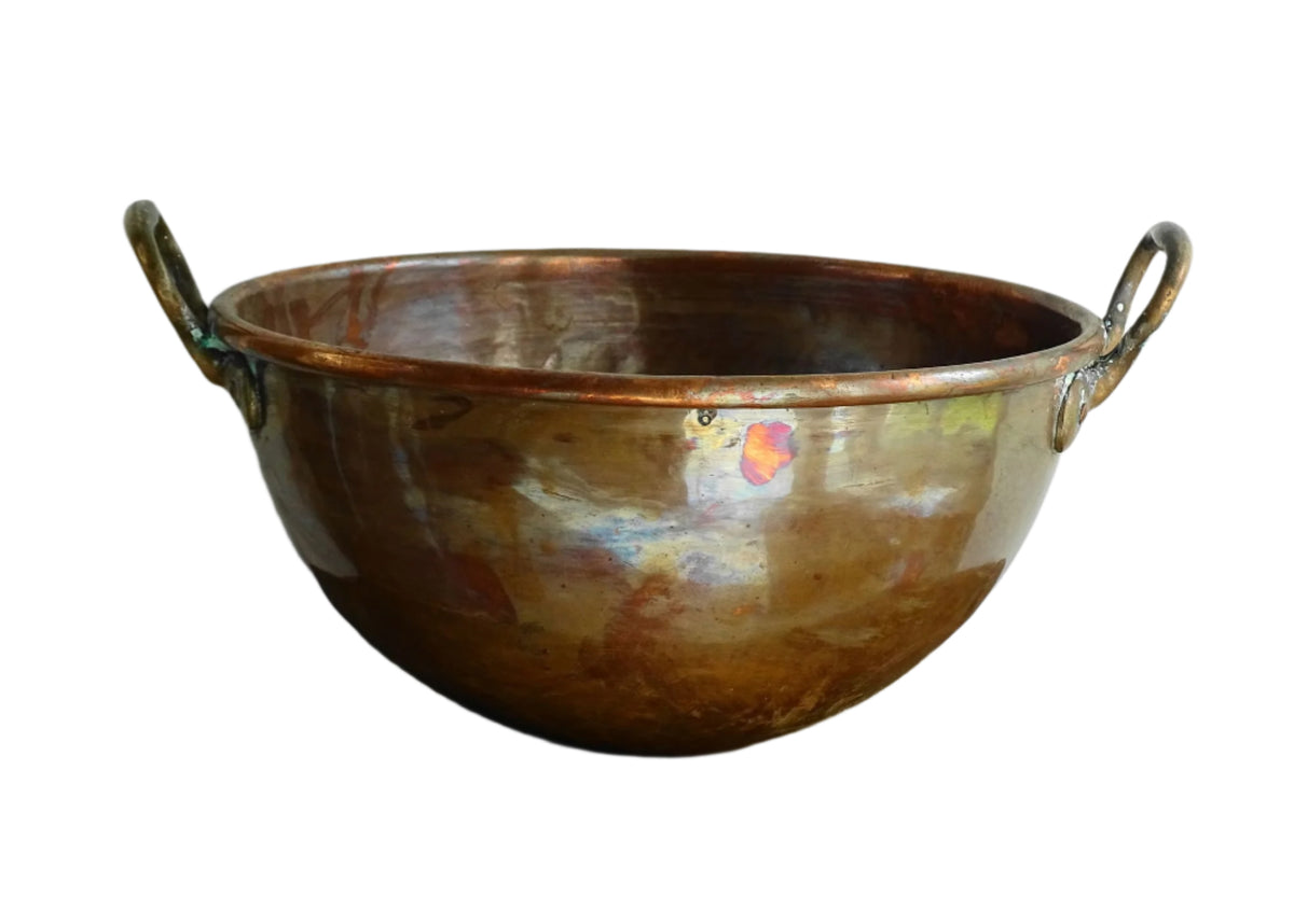 French antique copper bowl for confectioners with brass handles. Cul de poule with curved base (meringue bowl). French country farmhouse aesthetic.