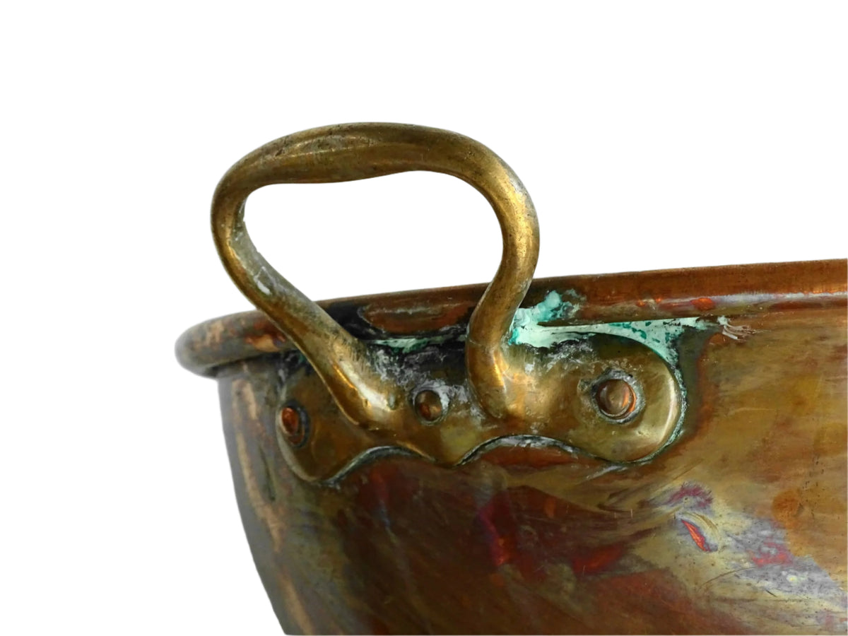 French antique copper bowl for confectioners with brass handles. Cul de poule with curved base (meringue bowl). French country farmhouse aesthetic.