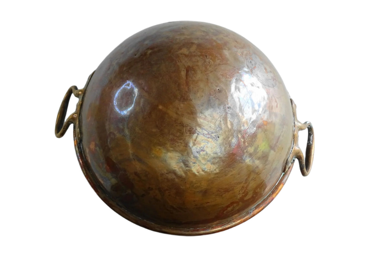 French antique copper bowl for confectioners with brass handles. Cul de poule with curved base (meringue bowl). French country farmhouse aesthetic.