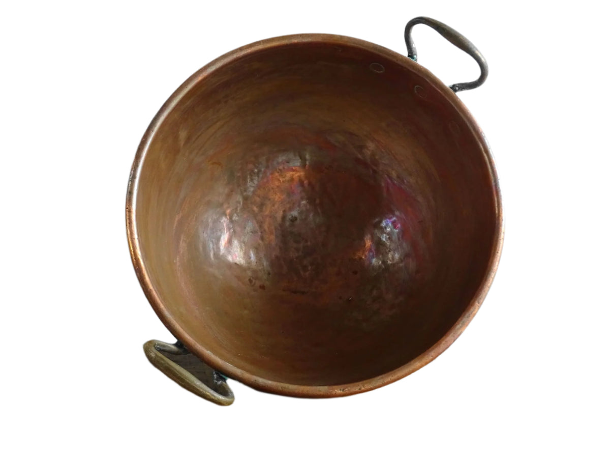 French antique copper bowl for confectioners with brass handles. Cul de poule with curved base (meringue bowl). French country farmhouse aesthetic.