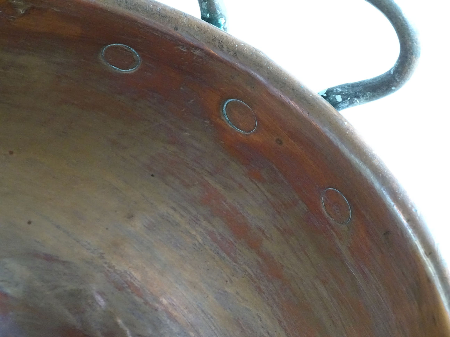 French antique copper bowl for confectioners with brass handles. Cul de poule with curved base (meringue bowl). French country farmhouse aesthetic.