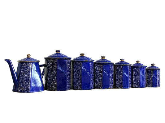 French antique blue enamelware canister set with teapot