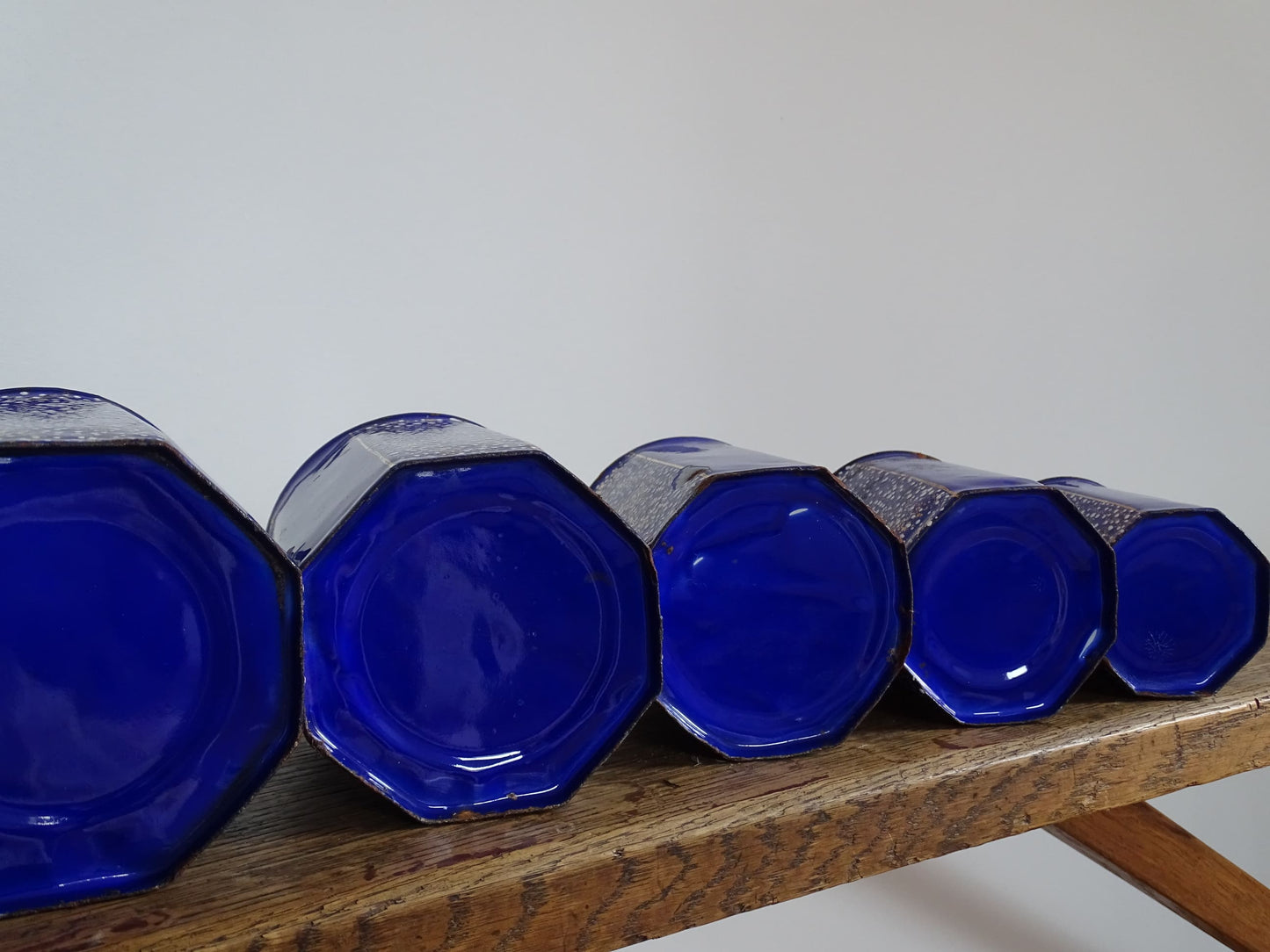 French antique blue enamelware canister set with teapot