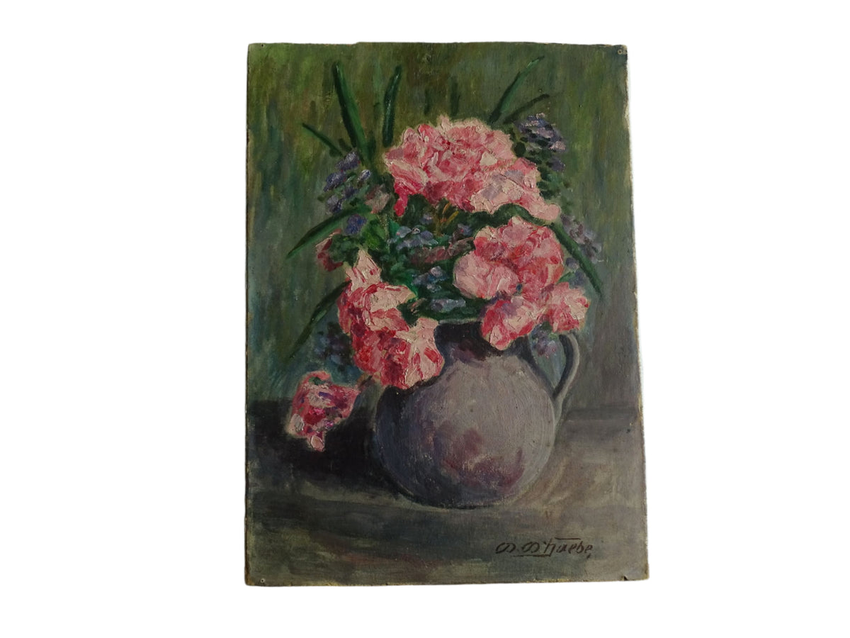 French antique still life painting, oil on board. Floral still life of roses. Antique oil painting.