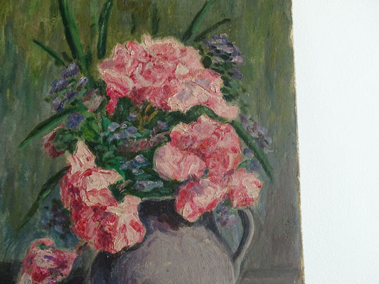 French antique still life painting, oil on board. Floral still life of roses. Antique oil painting.