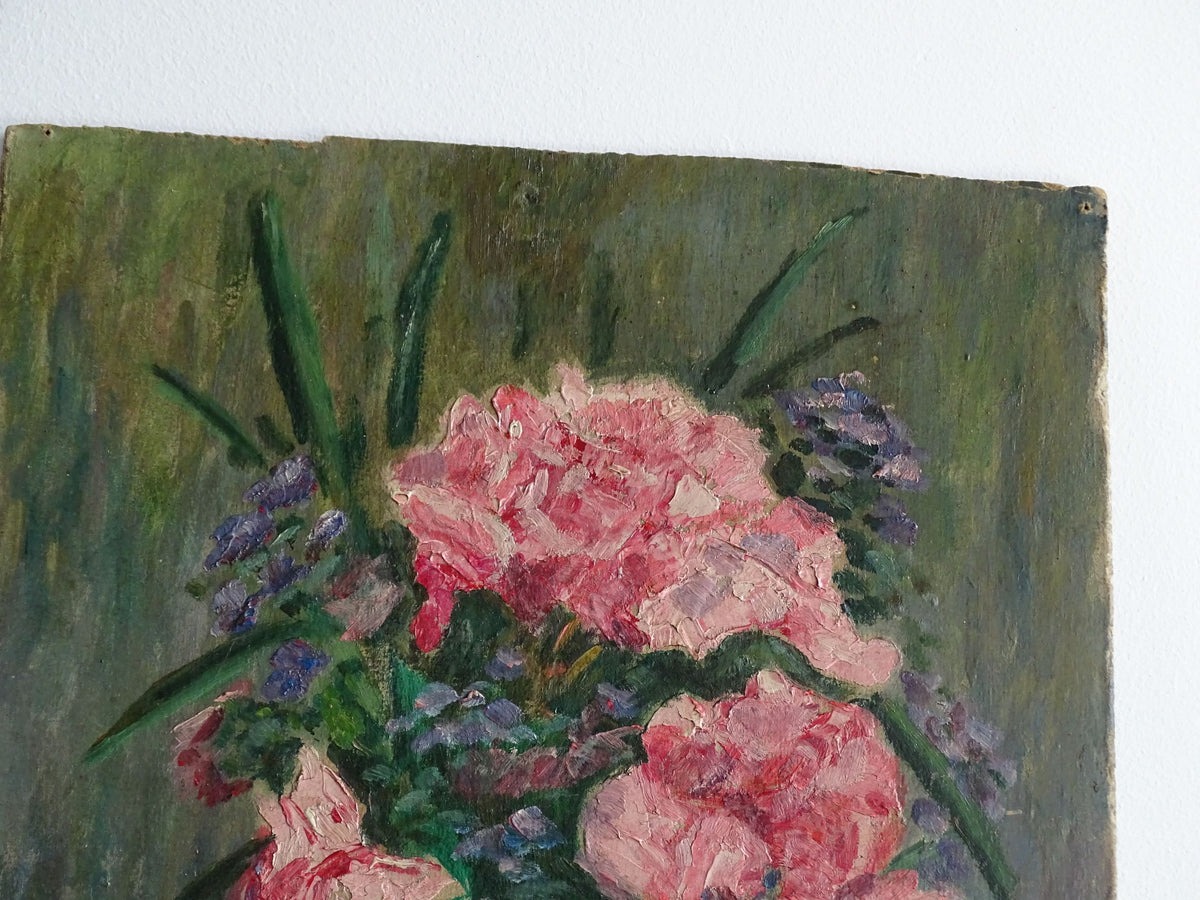 French antique still life painting, oil on board. Floral still life of roses. Antique oil painting.
