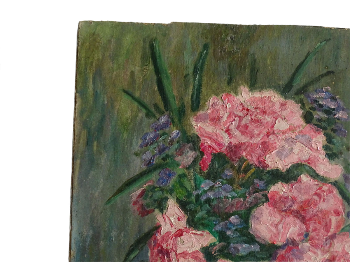 French antique still life painting, oil on board. Floral still life of roses. Antique oil painting.