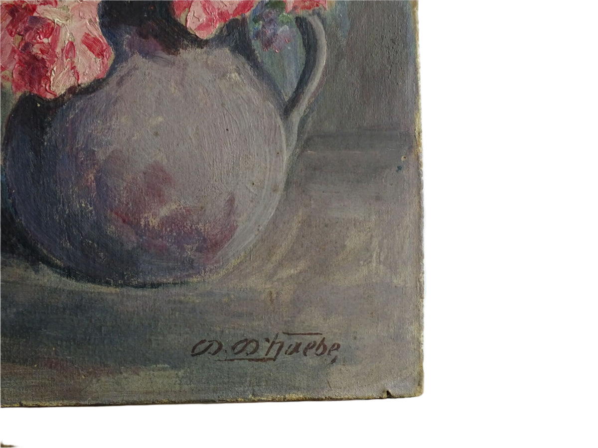 French antique still life painting, oil on board. Floral still life of roses. Antique oil painting.