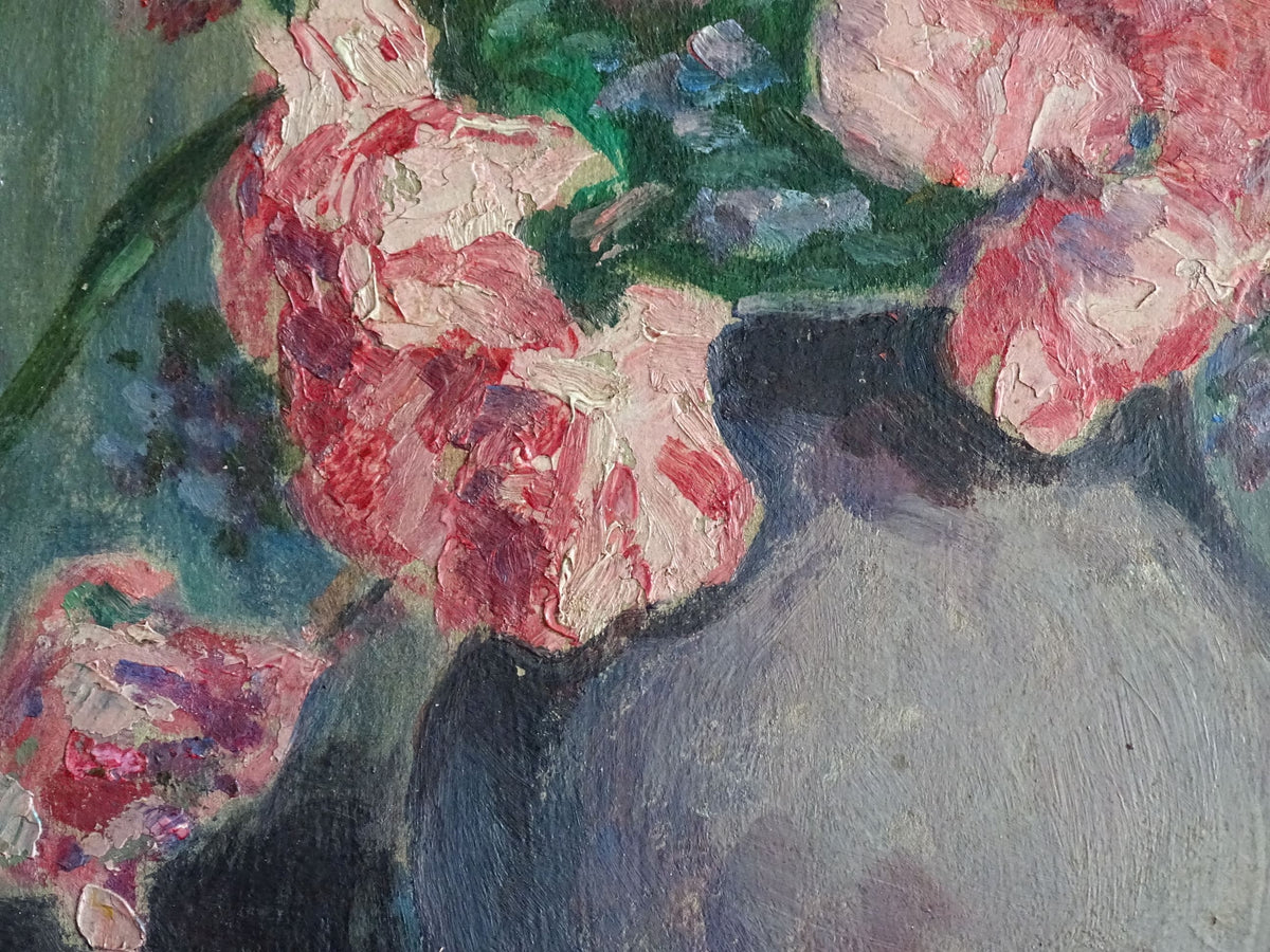French antique still life painting, oil on board. Floral still life of roses. Antique oil painting.