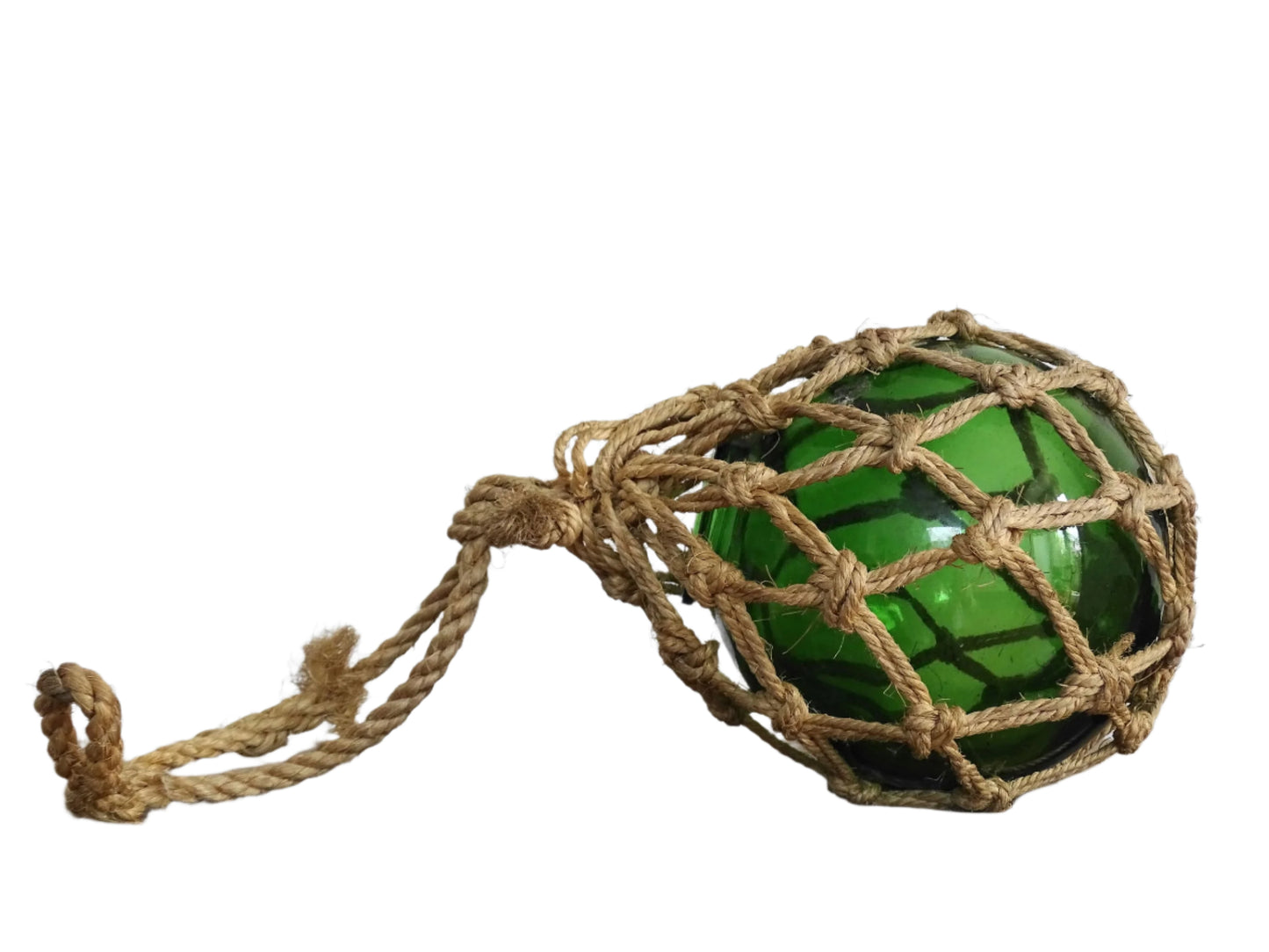 French vintage glass buoy in green glass, decorative glass buoy with natural rope