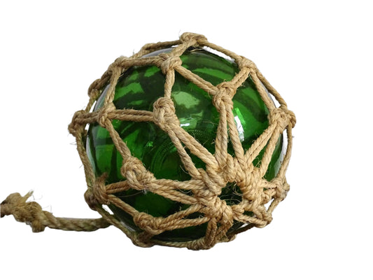 French vintage glass buoy in green glass, decorative glass buoy with natural rope