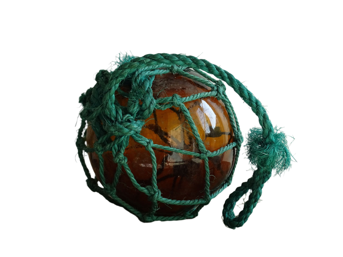 French vintage glass buoy in amber glass with green rope
