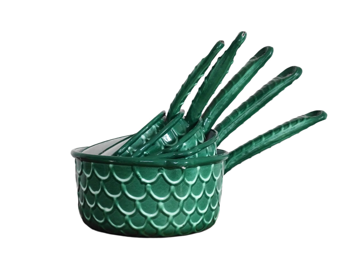 French vintage enamel pans with fish scale pattern, set of five green enamelware pans