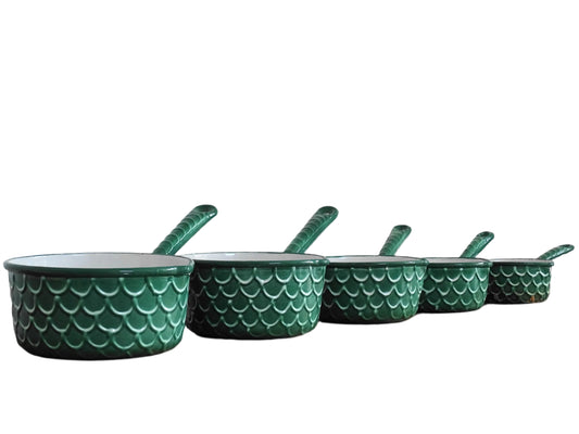 French vintage enamel pans with fish scale pattern, set of five green enamelware pans