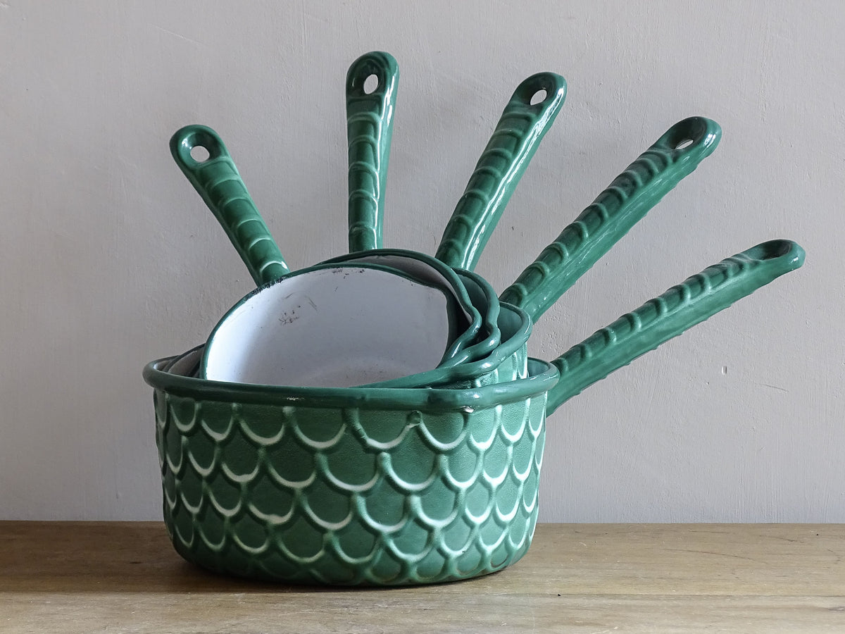 French vintage enamel pans with fish scale pattern, set of five green enamelware pans