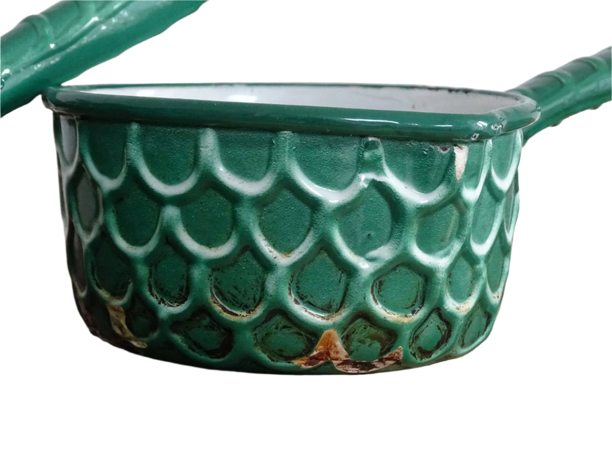 French vintage enamel pans with fish scale pattern, set of five green enamelware pans