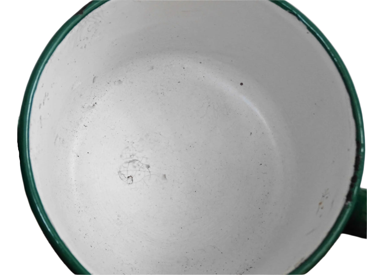 French vintage enamel pans with fish scale pattern, set of five green enamelware pans