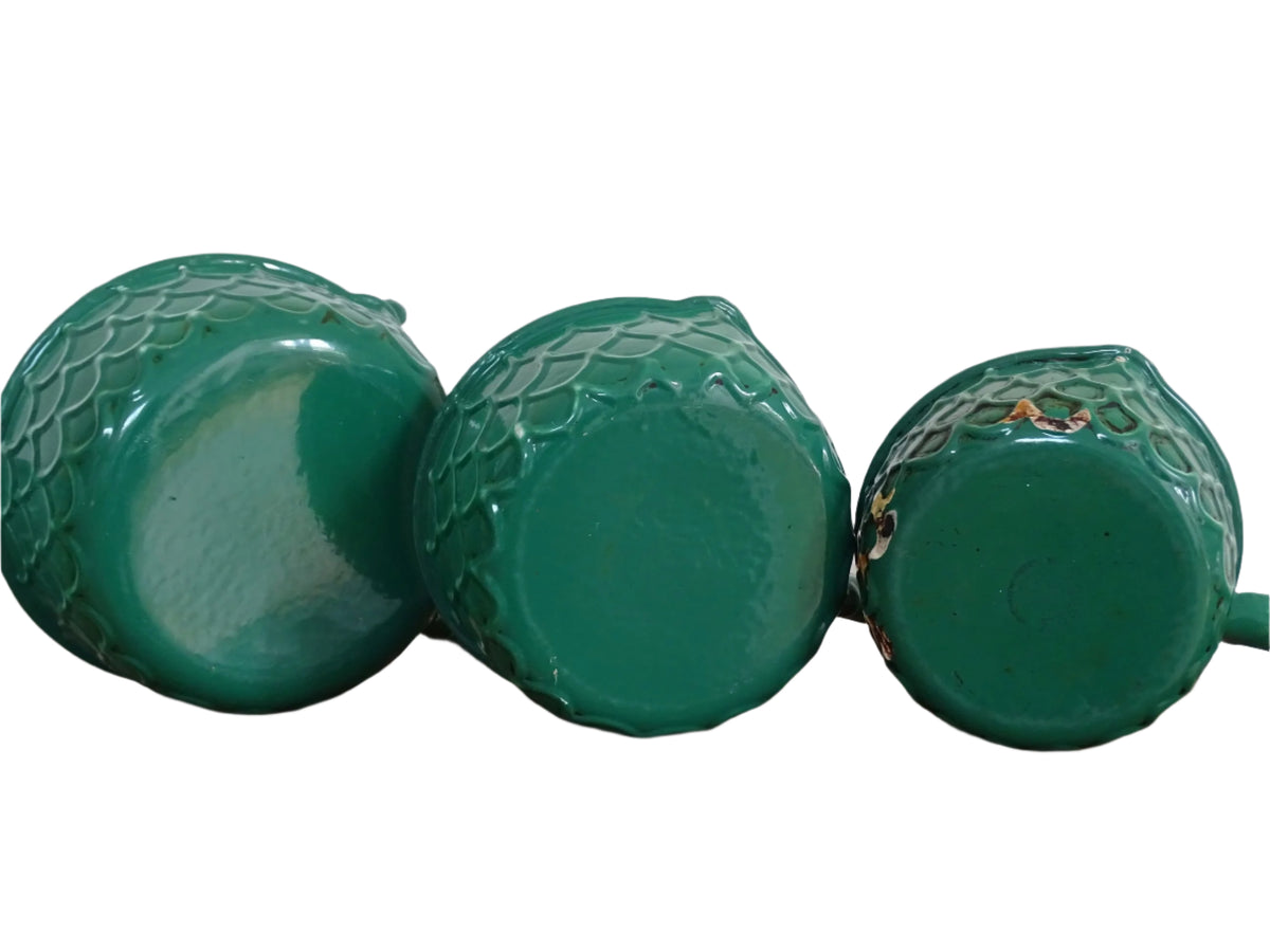 French vintage enamel pans with fish scale pattern, set of five green enamelware pans