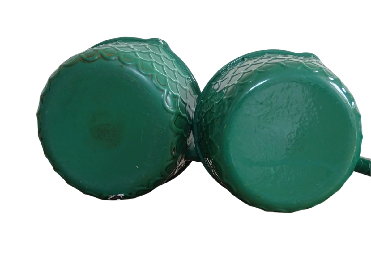 French vintage enamel pans with fish scale pattern, set of five green enamelware pans